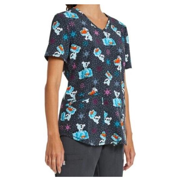 3XL Disney Frozen Scrub Top Womens Gray Olaf Funny Ice Print V Neck Uniform New - Picture 2 of 5